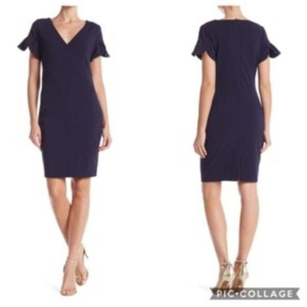 Alexia Admore Navy Blue Surplice V-neck Tulip Sleeve Dress Size Medium - Picture 3 of 8